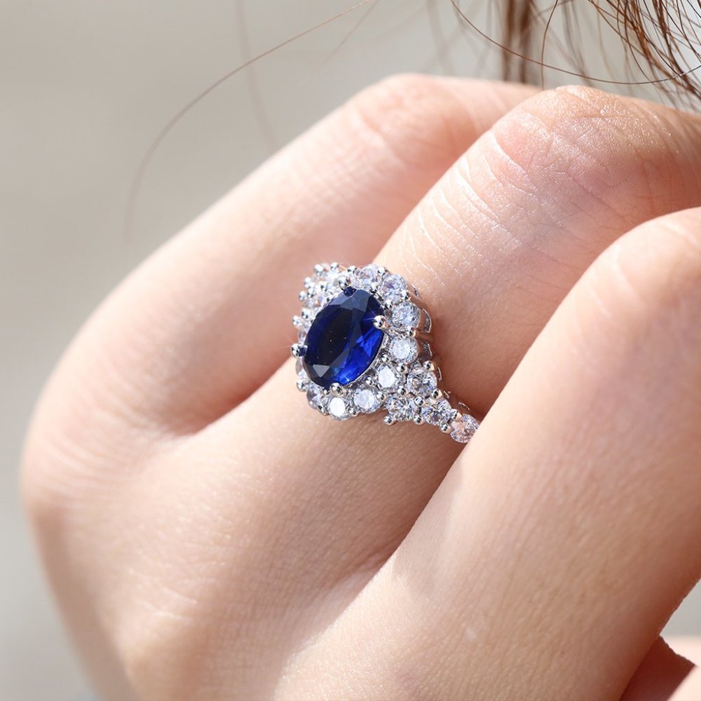 Noble Oval Flower Dainty Royal Blue 925 Silver Ring for Women, VIP500 - Picture 8 of 8